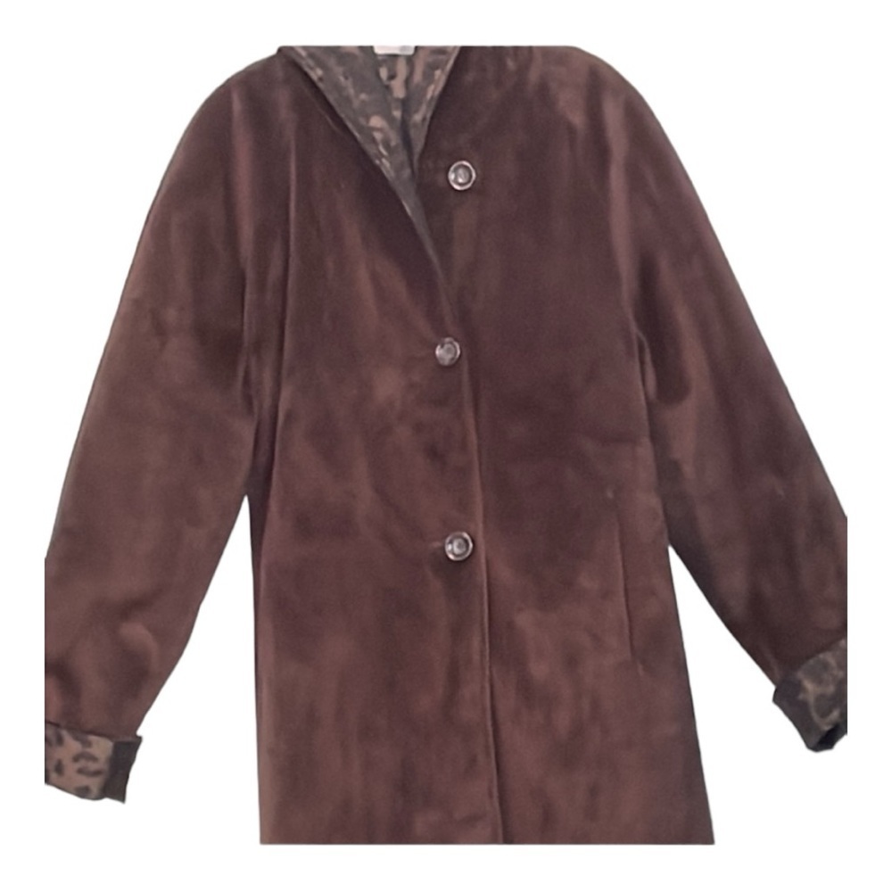 Dennis Basso reversible coat size XL brown faux fur/animal w/hood water resist
